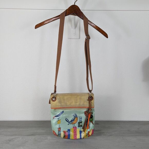 Rare FOSSIL Key-Per Coated Canvas City Birds Artwork Bag Cross Body Boho Purse - Picture 1 of 9